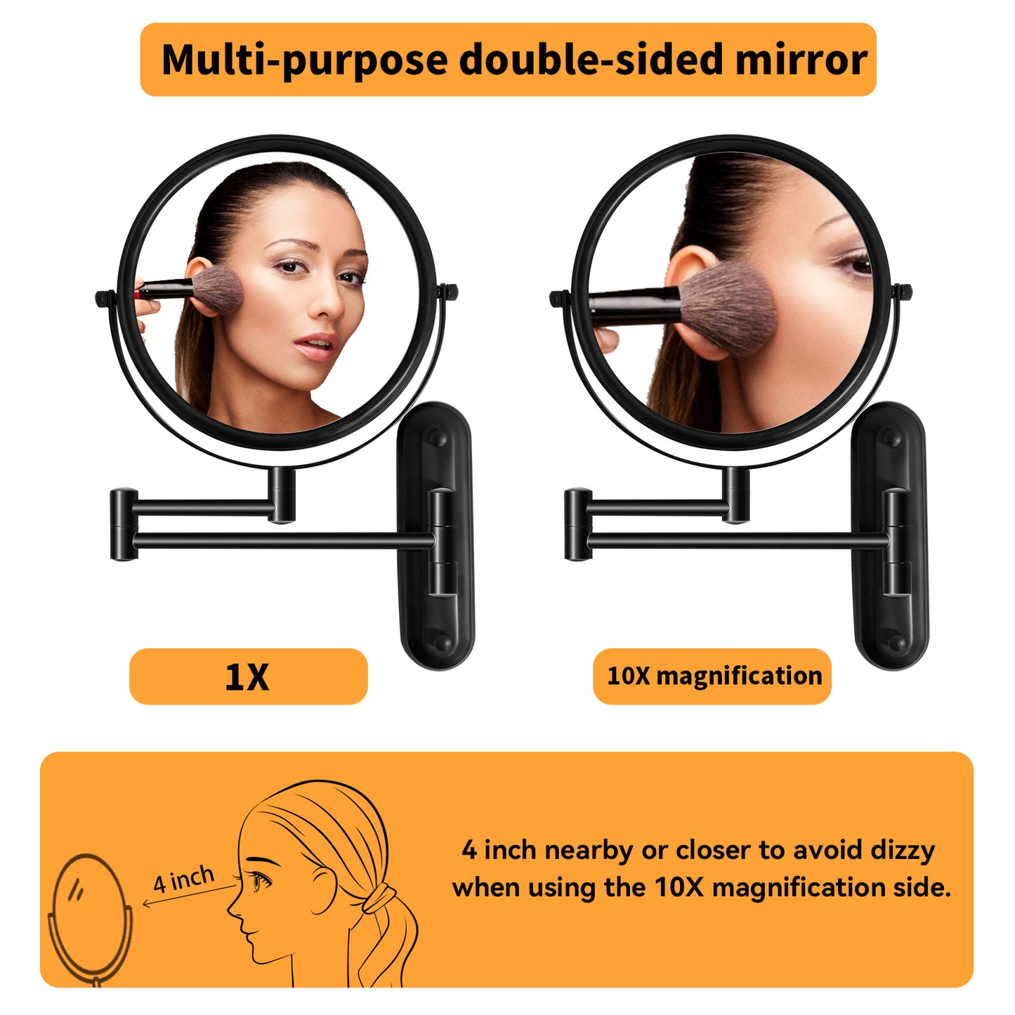 8 Inch Wall Mounted Makeup Vanity Mirror, Double Sided 1x/10x Magnifying Mirror, 360° Swivel with Extension Arm Bathroom Mirror