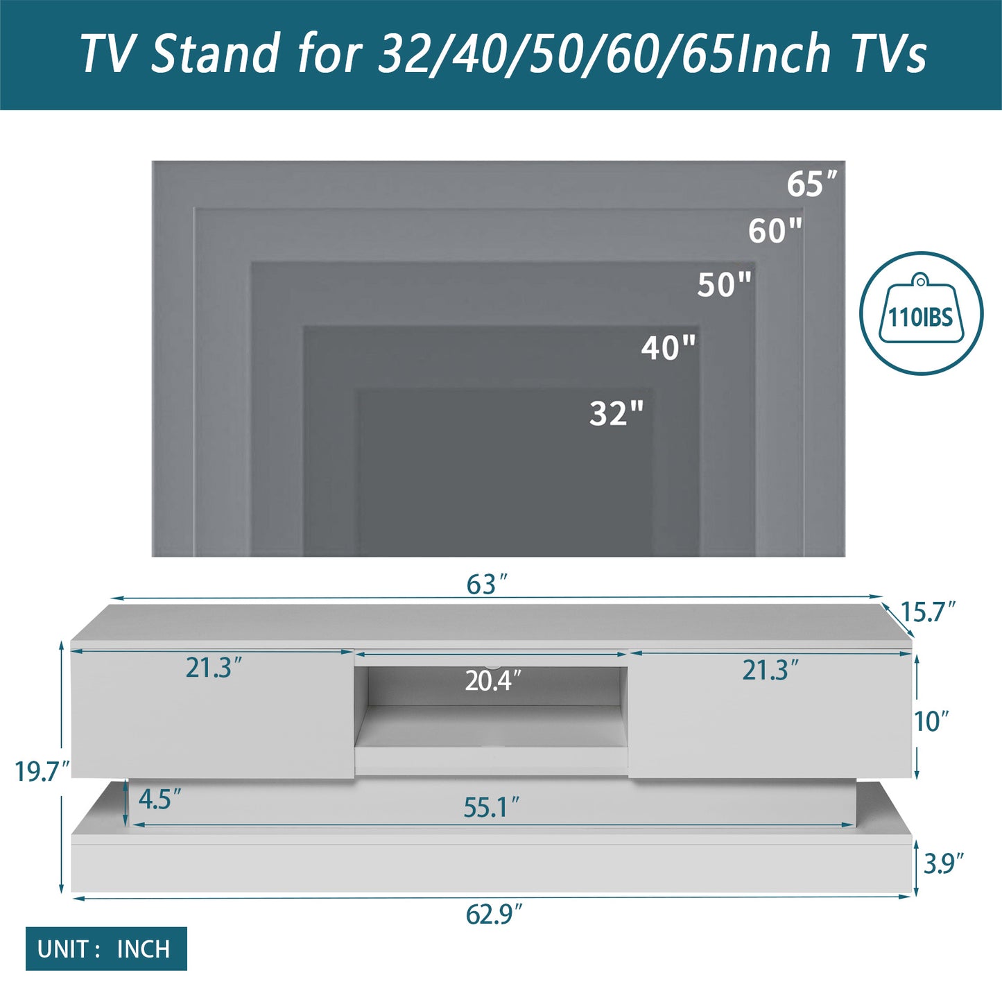 51.18inch WHITE morden TV Stand with LED Lights,high glossy front TV Cabinet,can be assembled in Lounge Room, Living Room or Bedroom,color:WHITE