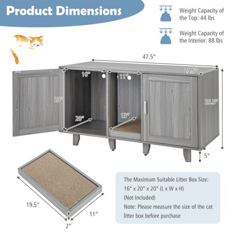 2-Door Cat Litter Box Enclosure with Winding Entry and Scratching Board