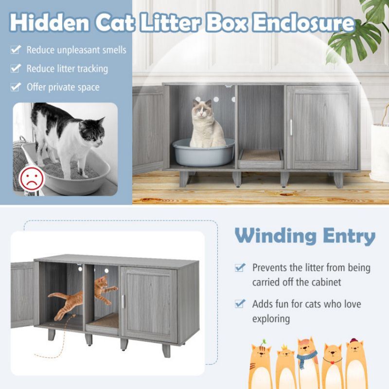 2-Door Cat Litter Box Enclosure with Winding Entry and Scratching Board