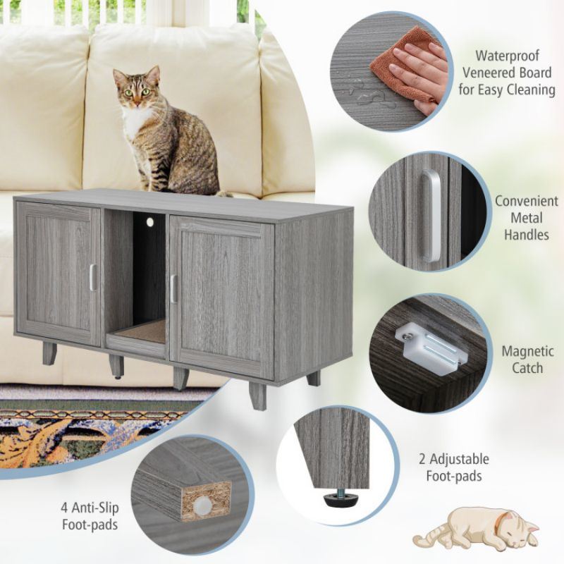 2-Door Cat Litter Box Enclosure with Winding Entry and Scratching Board