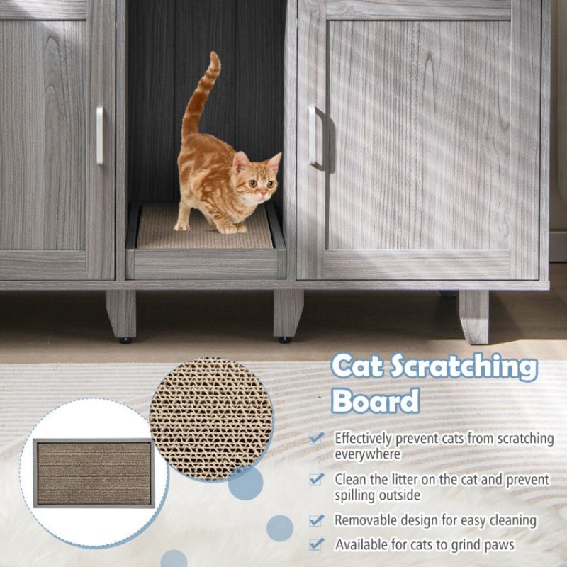 2-Door Cat Litter Box Enclosure with Winding Entry and Scratching Board