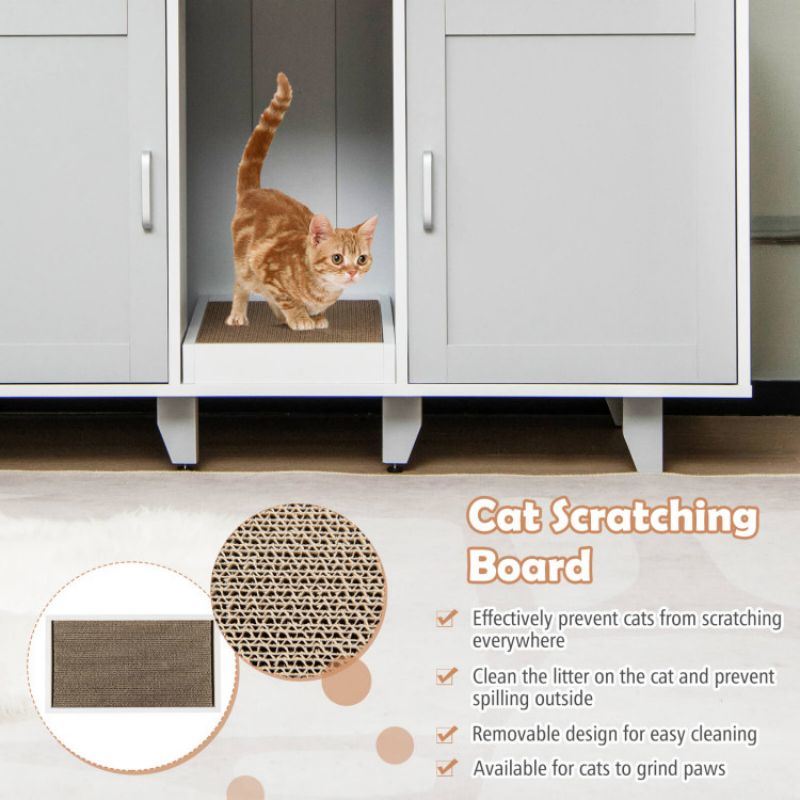 2-Door Cat Litter Box Enclosure with Winding Entry and Scratching Board