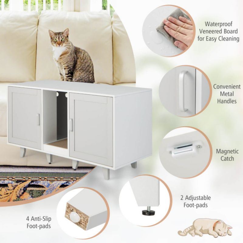 2-Door Cat Litter Box Enclosure with Winding Entry and Scratching Board