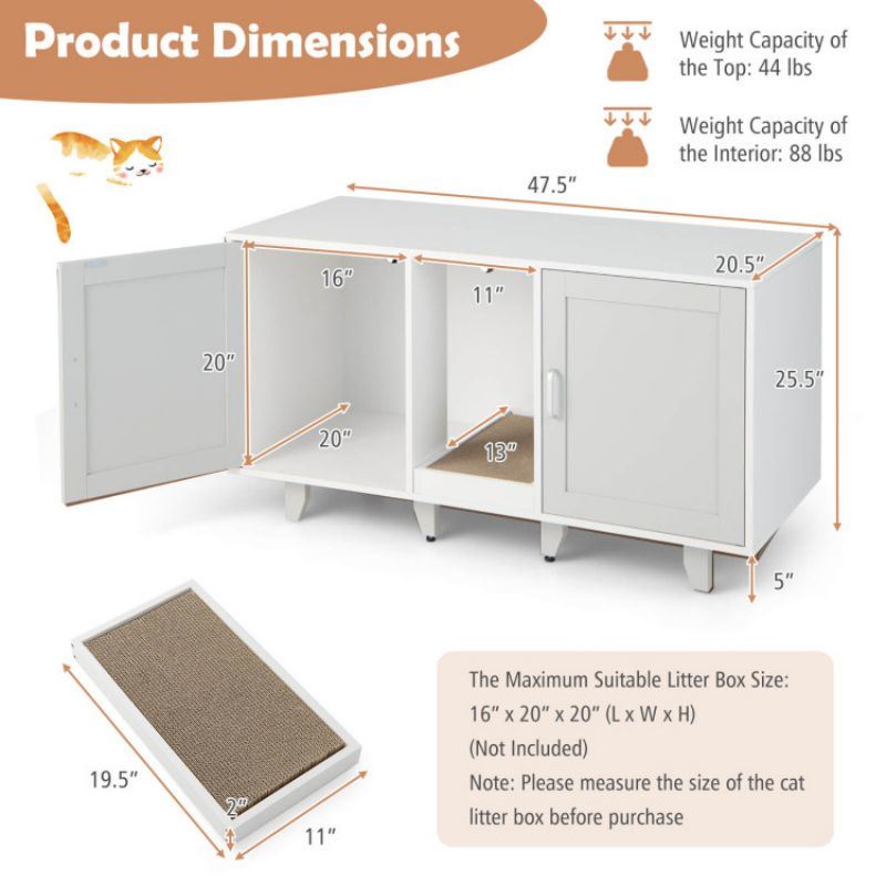 2-Door Cat Litter Box Enclosure with Winding Entry and Scratching Board