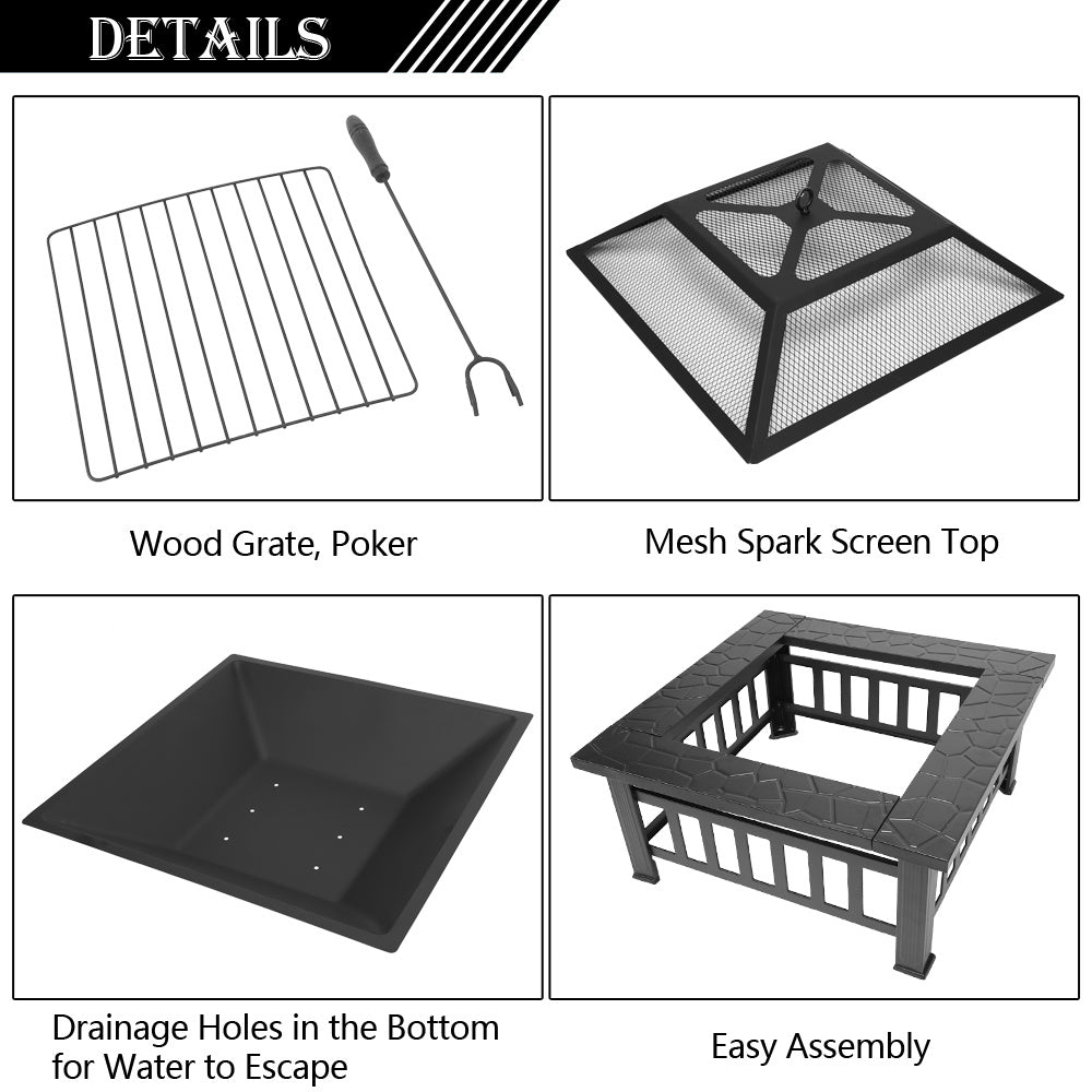 32 Inch Heavy Duty 3 in 1 Metal Square Patio Firepit Table BBQ Garden Stove with Spark Screen Cover Log Grate and Poker for Outside Wood Burning and Drink Cooling