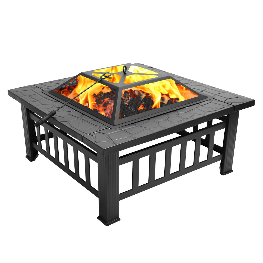 32 Inch Heavy Duty 3 in 1 Metal Square Patio Firepit Table BBQ Garden Stove with Spark Screen Cover Log Grate and Poker for Outside Wood Burning and Drink Cooling