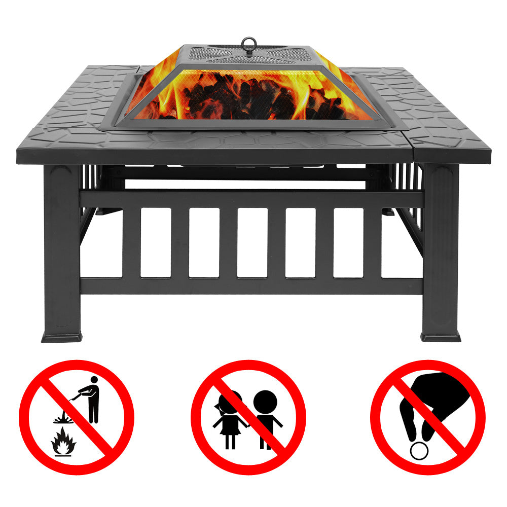 32 Inch Heavy Duty 3 in 1 Metal Square Patio Firepit Table BBQ Garden Stove with Spark Screen Cover Log Grate and Poker for Outside Wood Burning and Drink Cooling