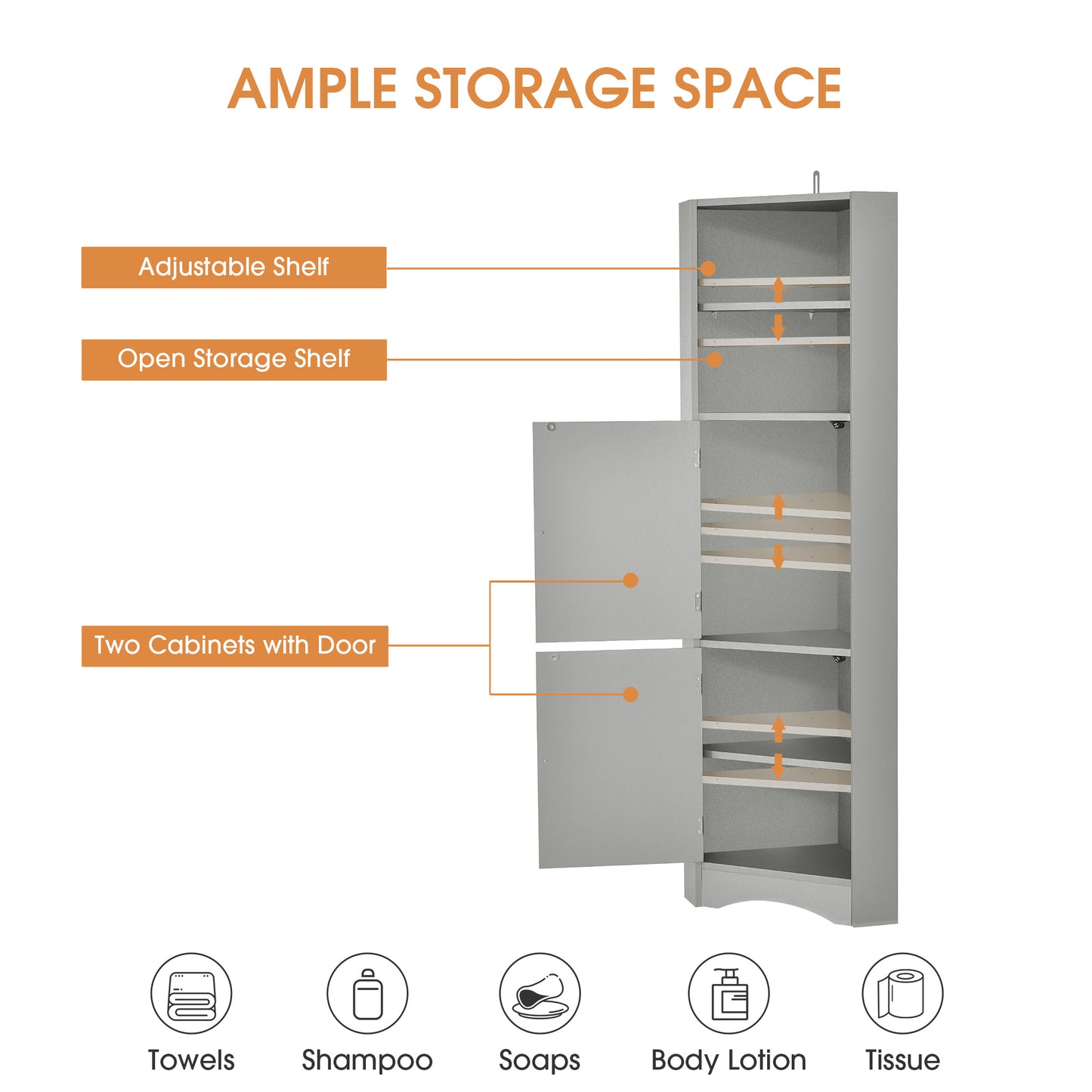 Tall Bathroom Corner Cabinet;  Freestanding Storage Cabinet with Doors and Adjustable Shelves;  MDF Board