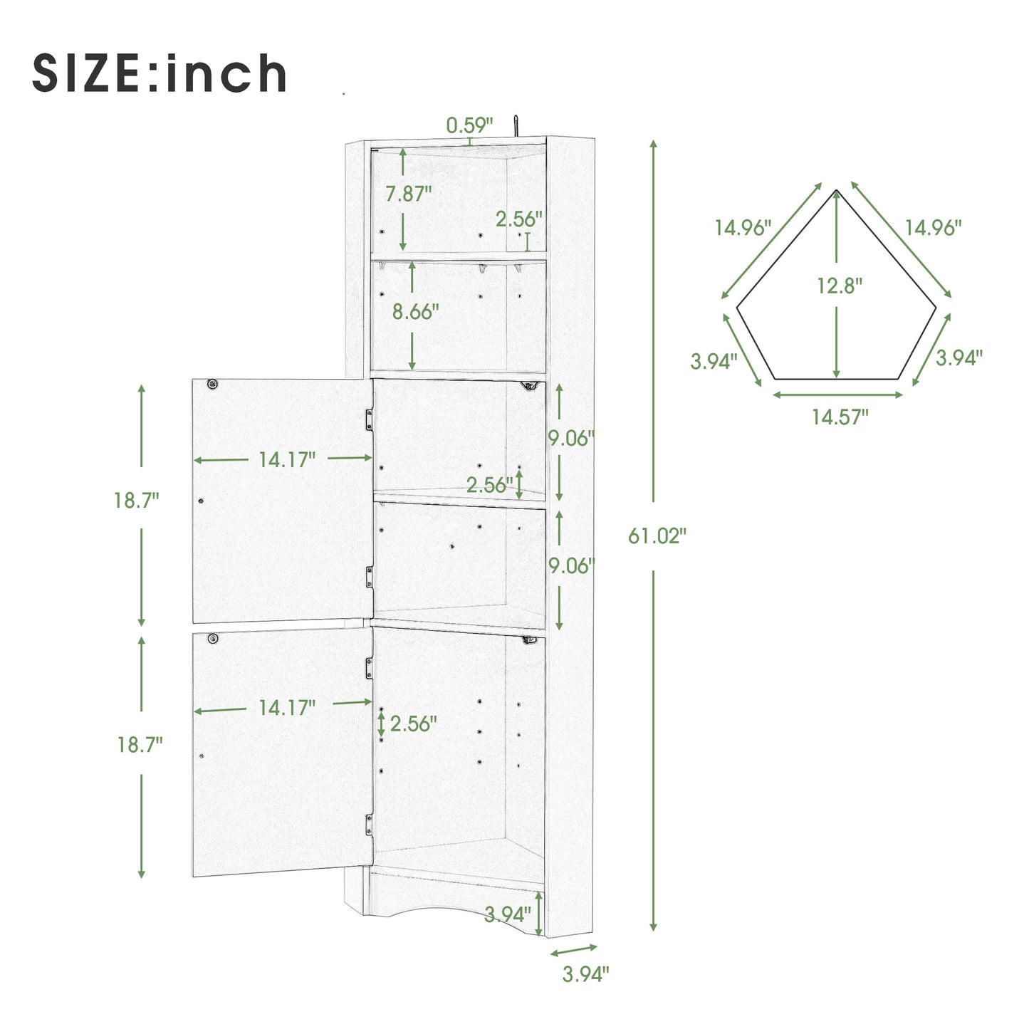 Tall Bathroom Corner Cabinet;  Freestanding Storage Cabinet with Doors and Adjustable Shelves;  MDF Board