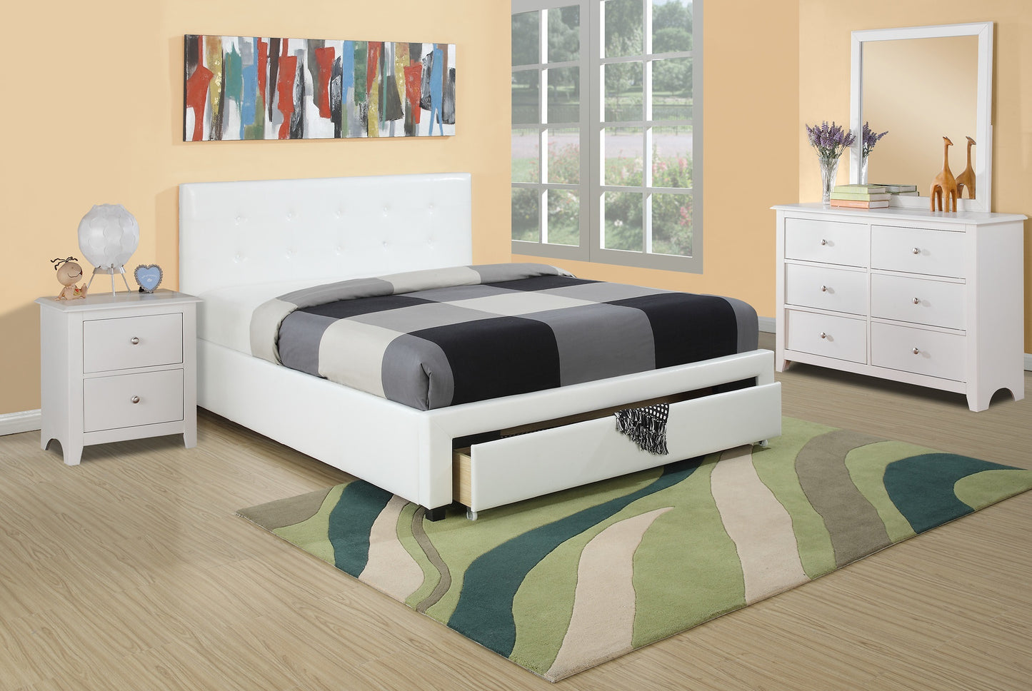 Bedroom Furniture White Storage Under Bed Queen Size bed Faux Leather upholstered