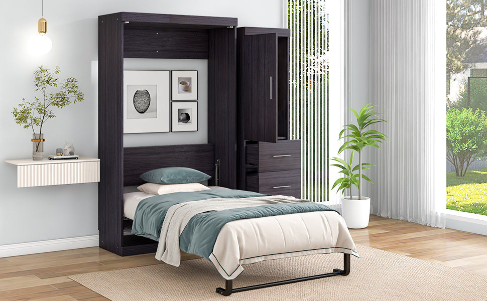 Twin Size Murphy Bed with Wardrobe and Drawers;  Storage Bed;  can be Folded into a Cabinet;  Gray