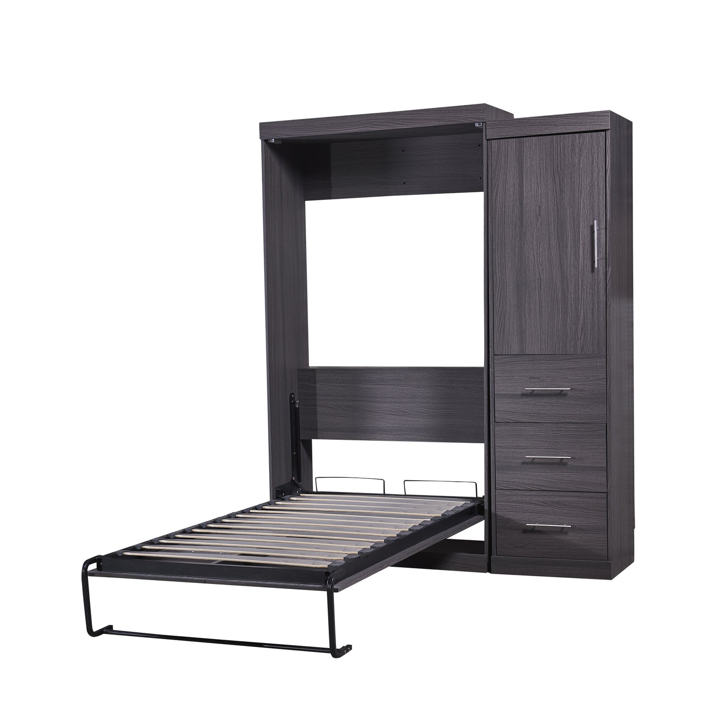 Twin Size Murphy Bed with Wardrobe and Drawers;  Storage Bed;  can be Folded into a Cabinet;  Gray