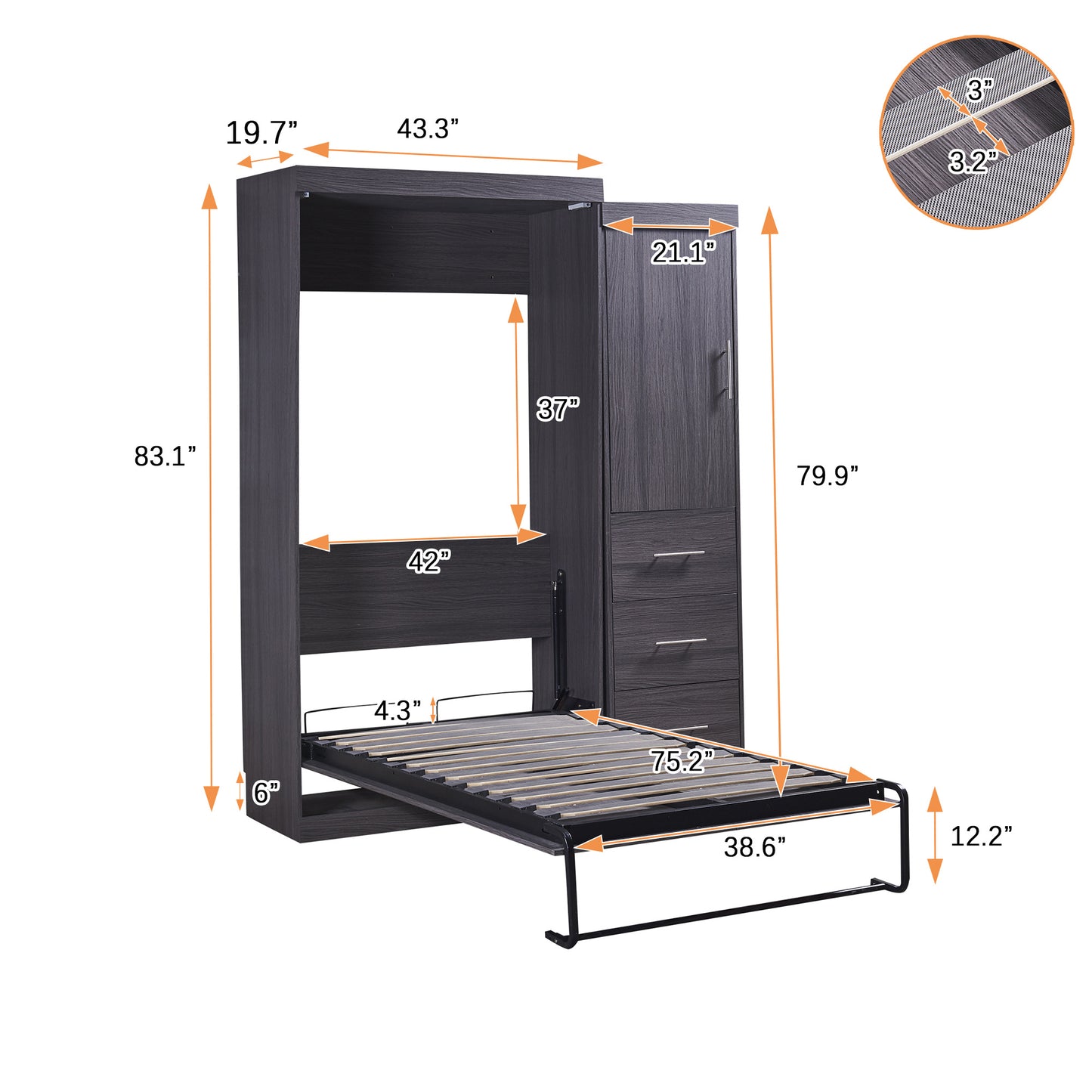 Twin Size Murphy Bed with Wardrobe and Drawers;  Storage Bed;  can be Folded into a Cabinet;  Gray