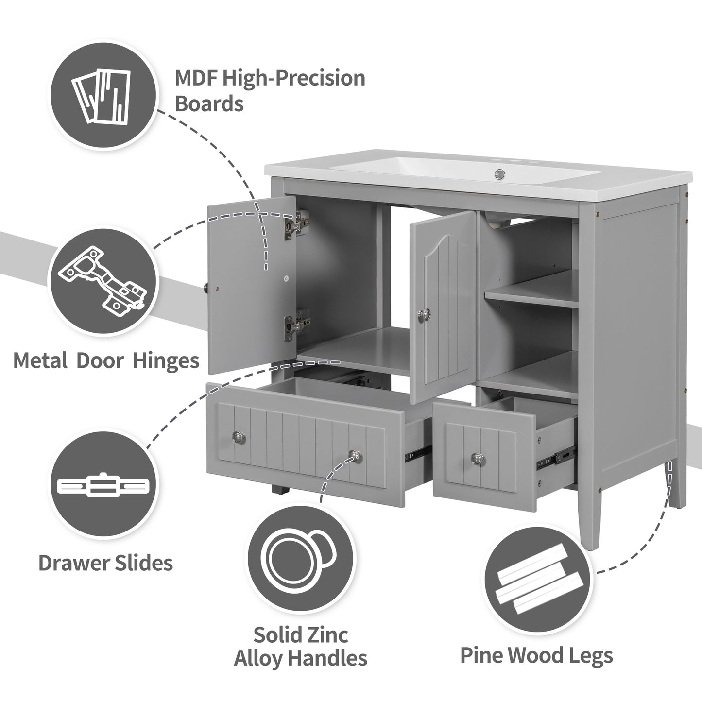 36" Bathroom Vanity Base Only;  Solid Wood Frame and MDF Boards