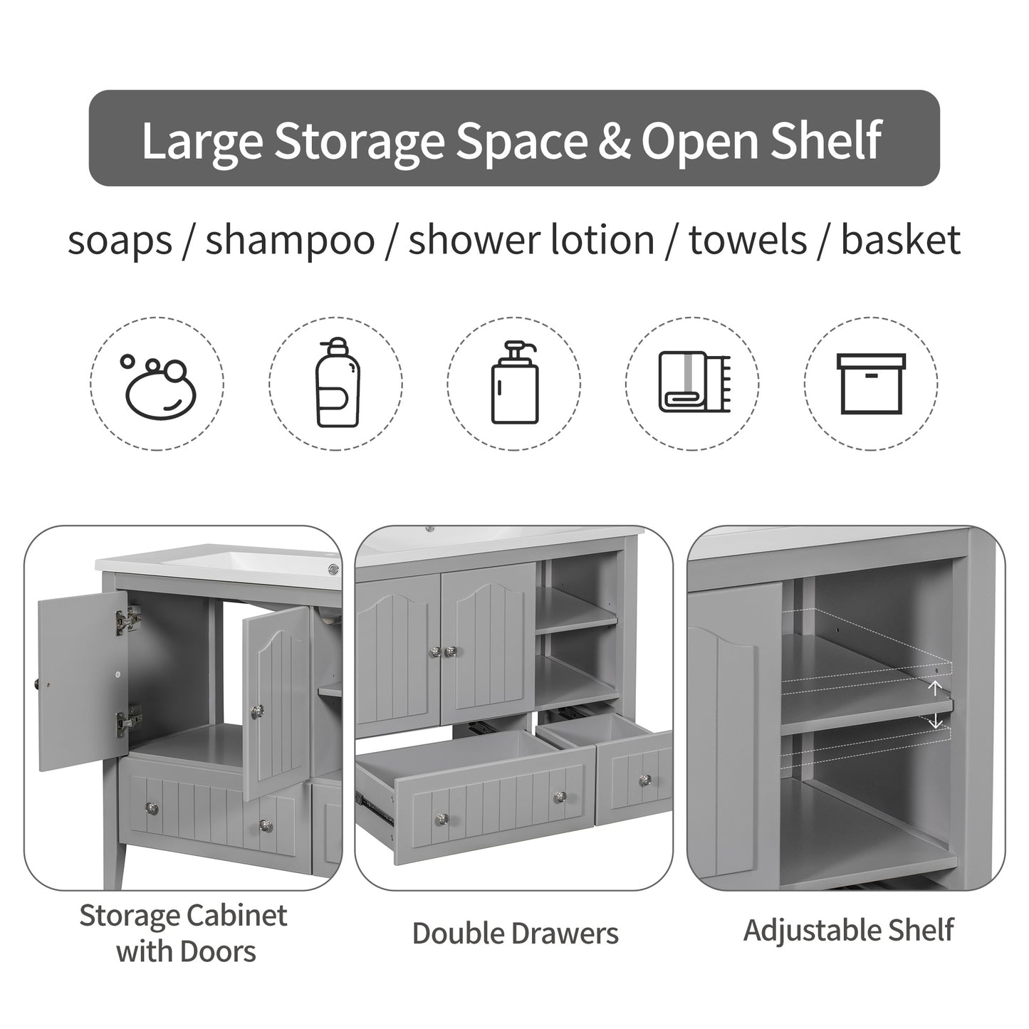 36" Bathroom Vanity Base Only;  Solid Wood Frame and MDF Boards