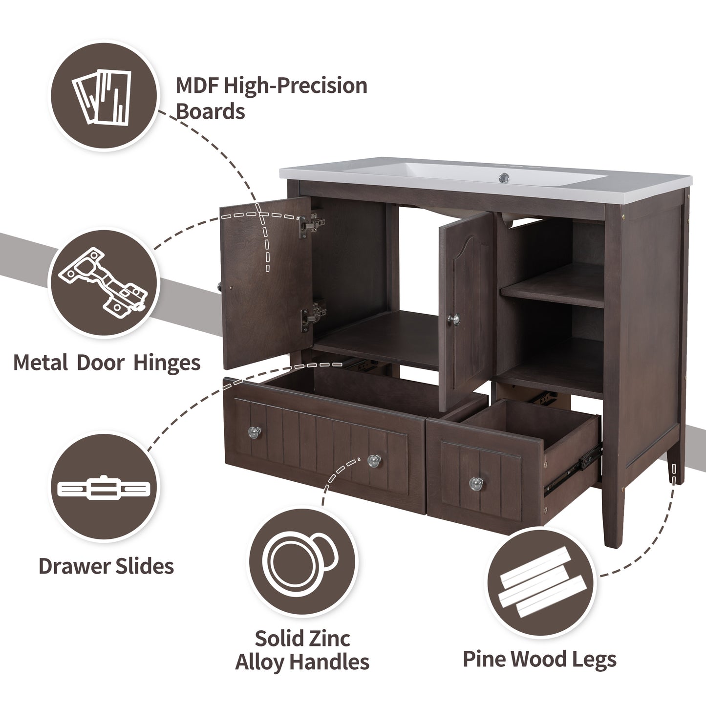 36" Bathroom Vanity Base Only;  Solid Wood Frame and MDF Boards