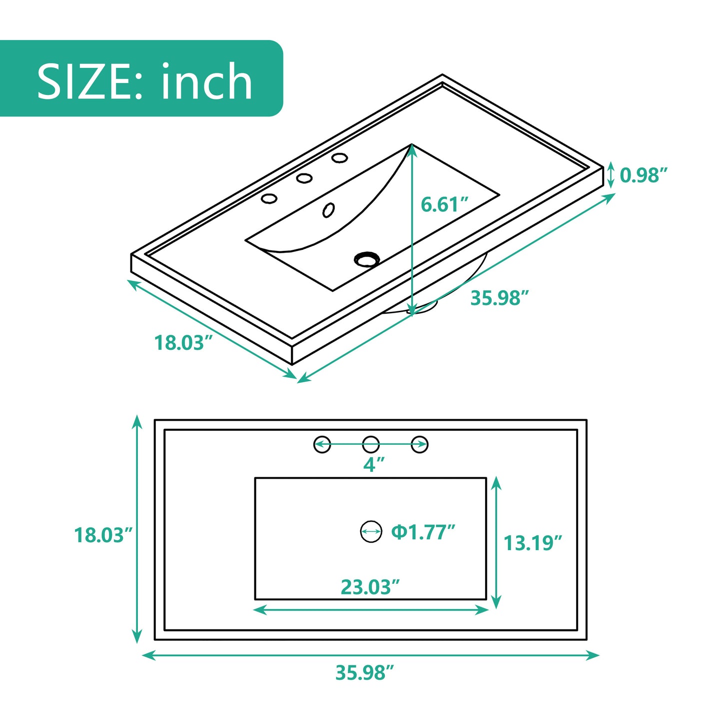 36" Single Bathroom Vanity Top with White Basin;  3-Faucet Holes;  Ceramic