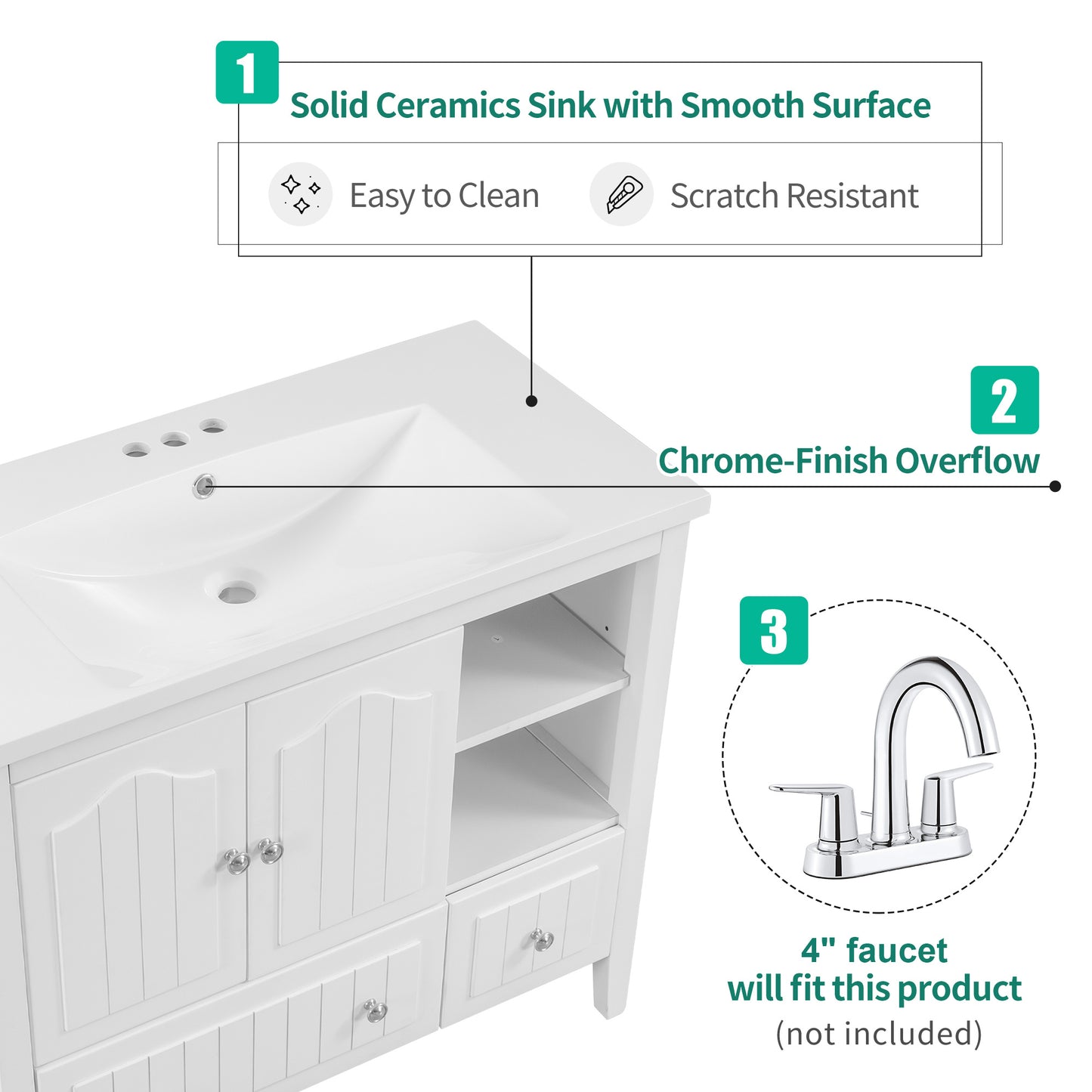 36" Single Bathroom Vanity Top with White Basin;  3-Faucet Holes;  Ceramic