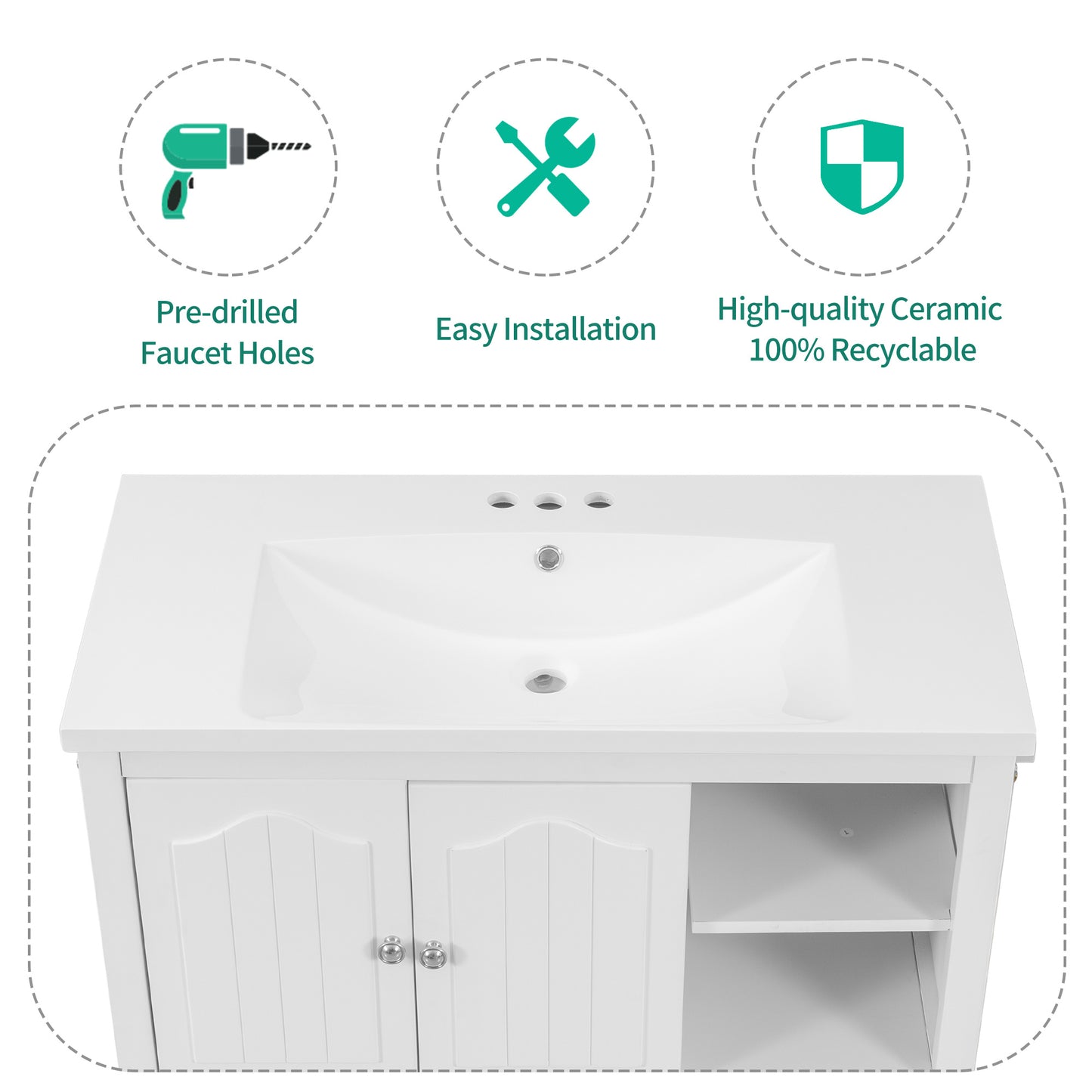 36" Single Bathroom Vanity Top with White Basin;  3-Faucet Holes;  Ceramic