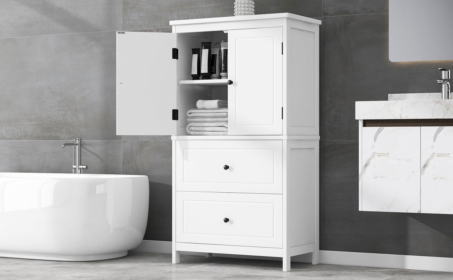 Bathroom Storage Cabinet, Cabinet with Two Doors and Drawers, Adjustable Shelf, MDF Board, White