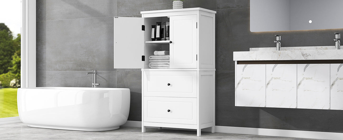 Bathroom Storage Cabinet, Cabinet with Two Doors and Drawers, Adjustable Shelf, MDF Board, White