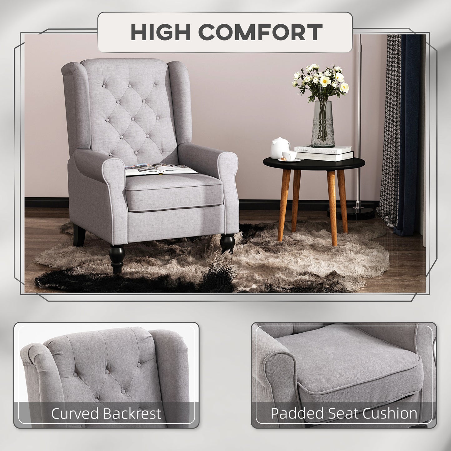 HOMCOM Button-Tufted Accent Chair with High Wingback, Rounded Cushioned Armrests and Thick Padded Seat, Grey