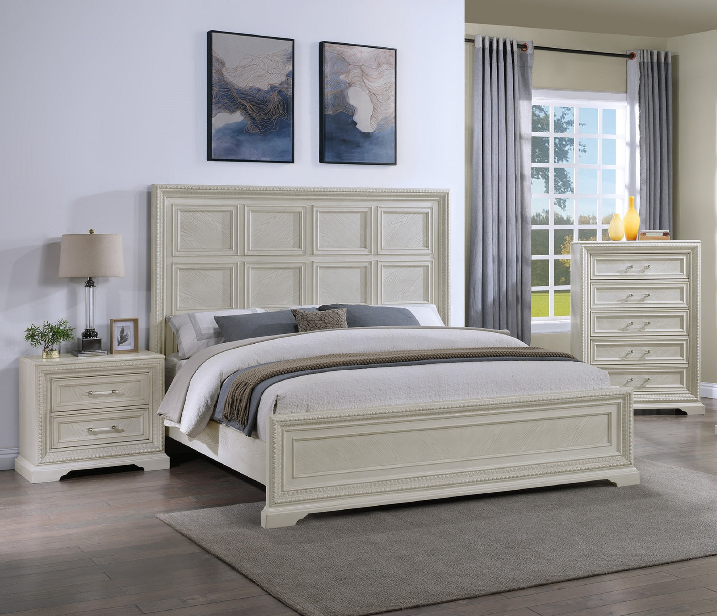 Transitional 1pc King Panel Bed Modern Aesthetics White / Cream Solid Wood Wooden Bedroom Furniture