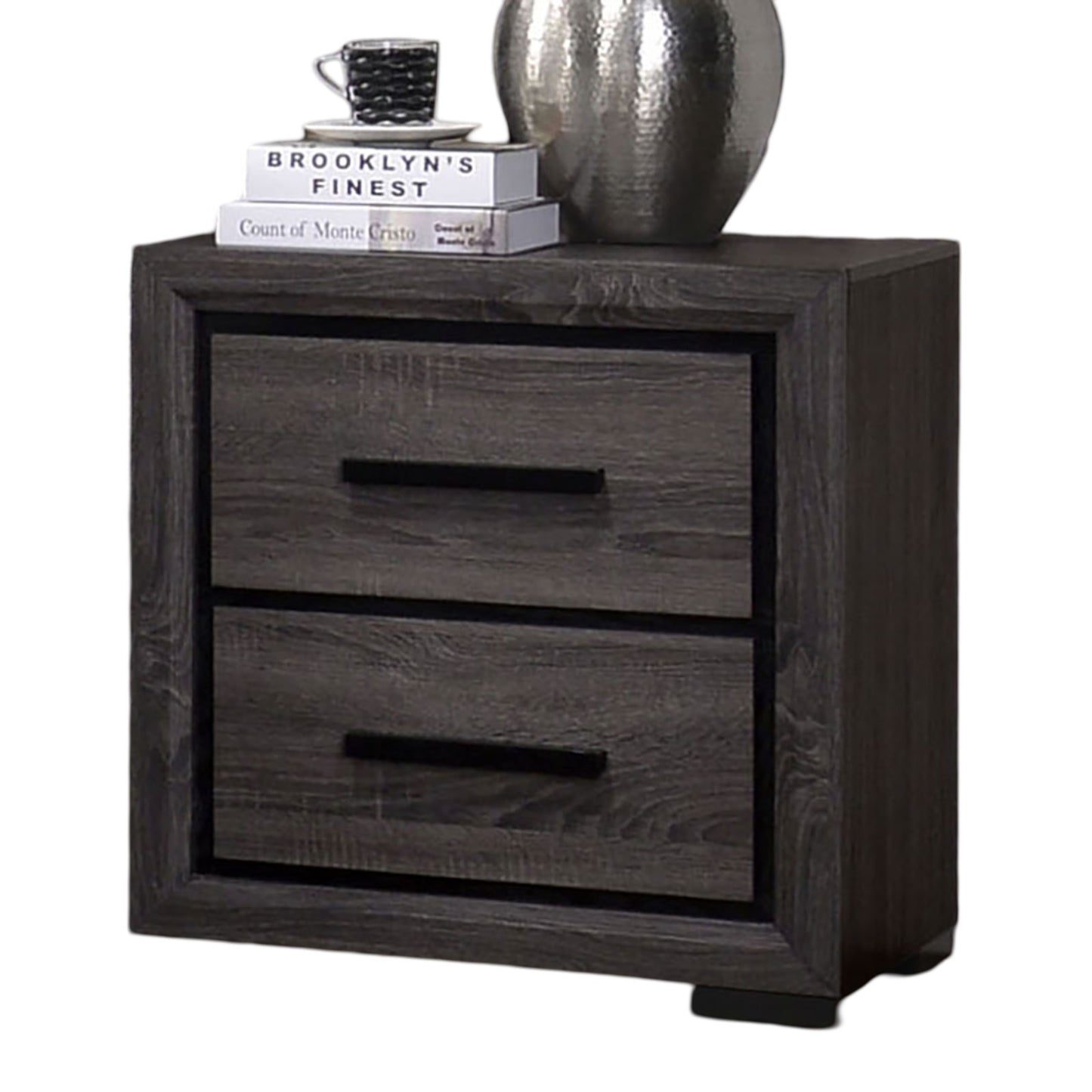 Gray 1pc Nightstand Bedroom Furniture Bedside Table 2-Drawers Two-tone Design w/ Black Trim Paper Veneer