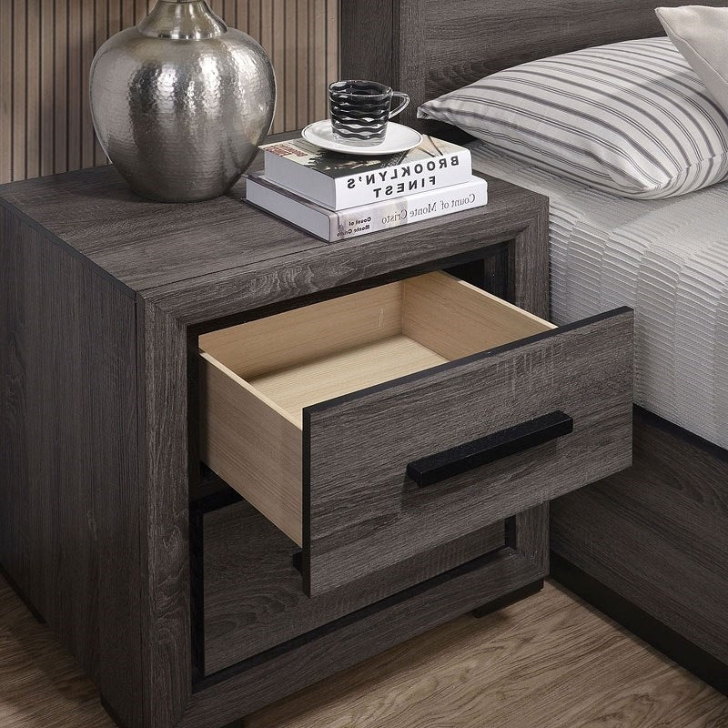 Gray 1pc Nightstand Bedroom Furniture Bedside Table 2-Drawers Two-tone Design w/ Black Trim Paper Veneer