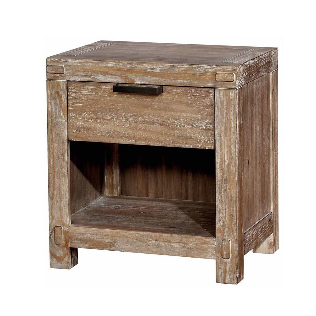 Rustic Weathered Light Oak 1pc Nightstand Black Bar Pull Bedroom Furniture Bedside Table 1-Drawer