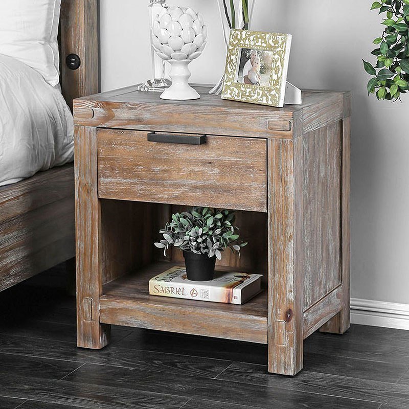 Rustic Weathered Light Oak 1pc Nightstand Black Bar Pull Bedroom Furniture Bedside Table 1-Drawer