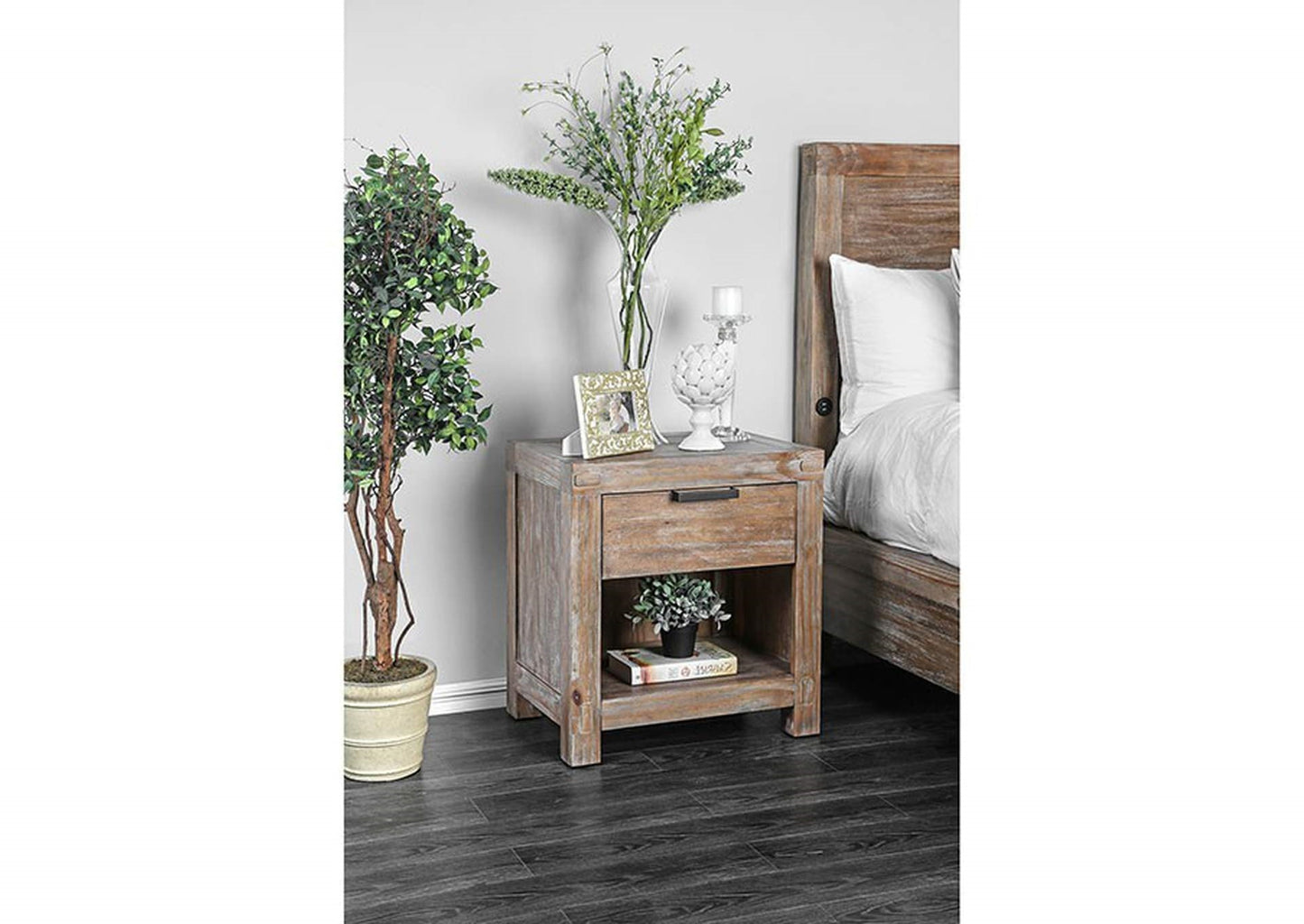 Rustic Weathered Light Oak 1pc Nightstand Black Bar Pull Bedroom Furniture Bedside Table 1-Drawer