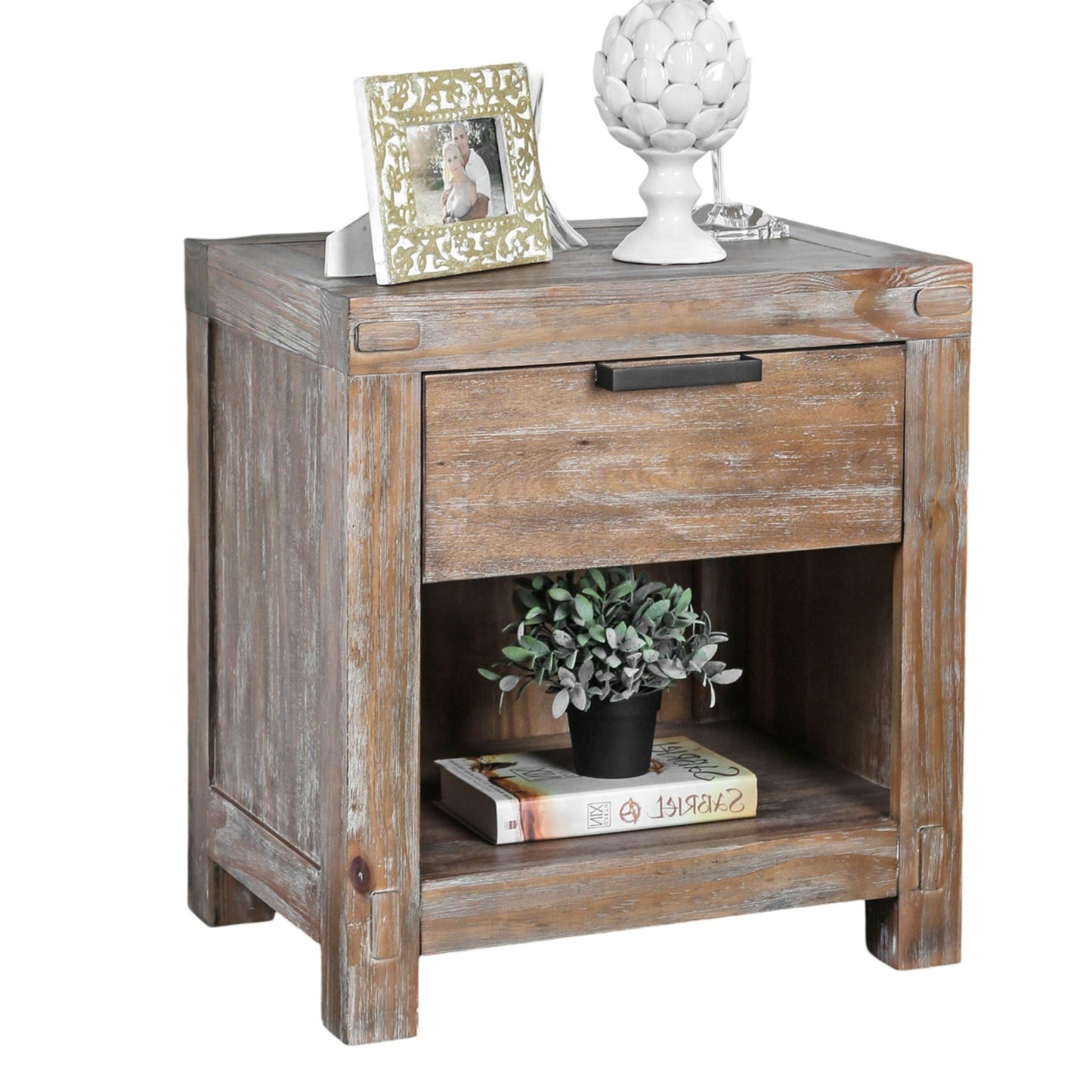 Rustic Weathered Light Oak 1pc Nightstand Black Bar Pull Bedroom Furniture Bedside Table 1-Drawer