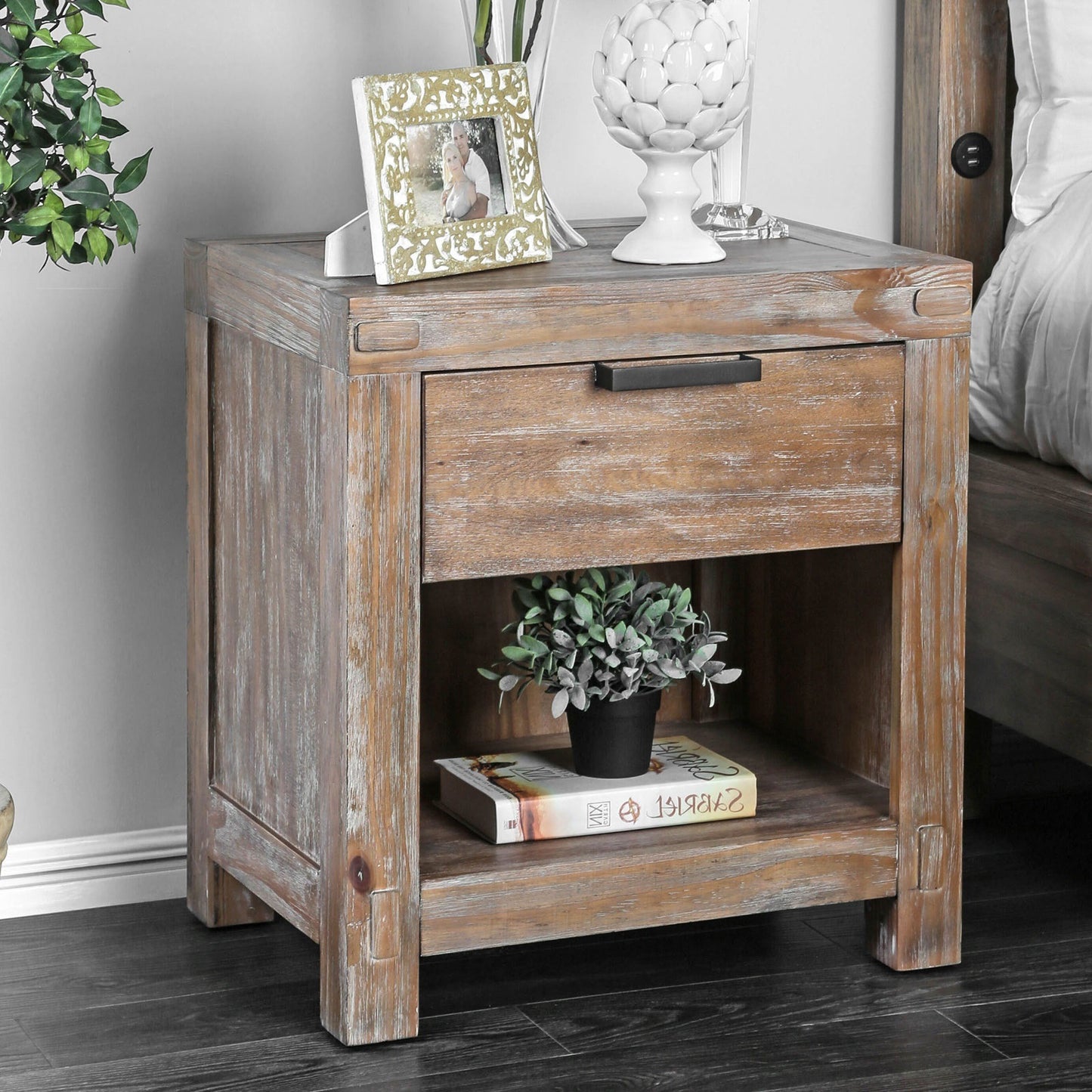 Rustic Weathered Light Oak 1pc Nightstand Black Bar Pull Bedroom Furniture Bedside Table 1-Drawer