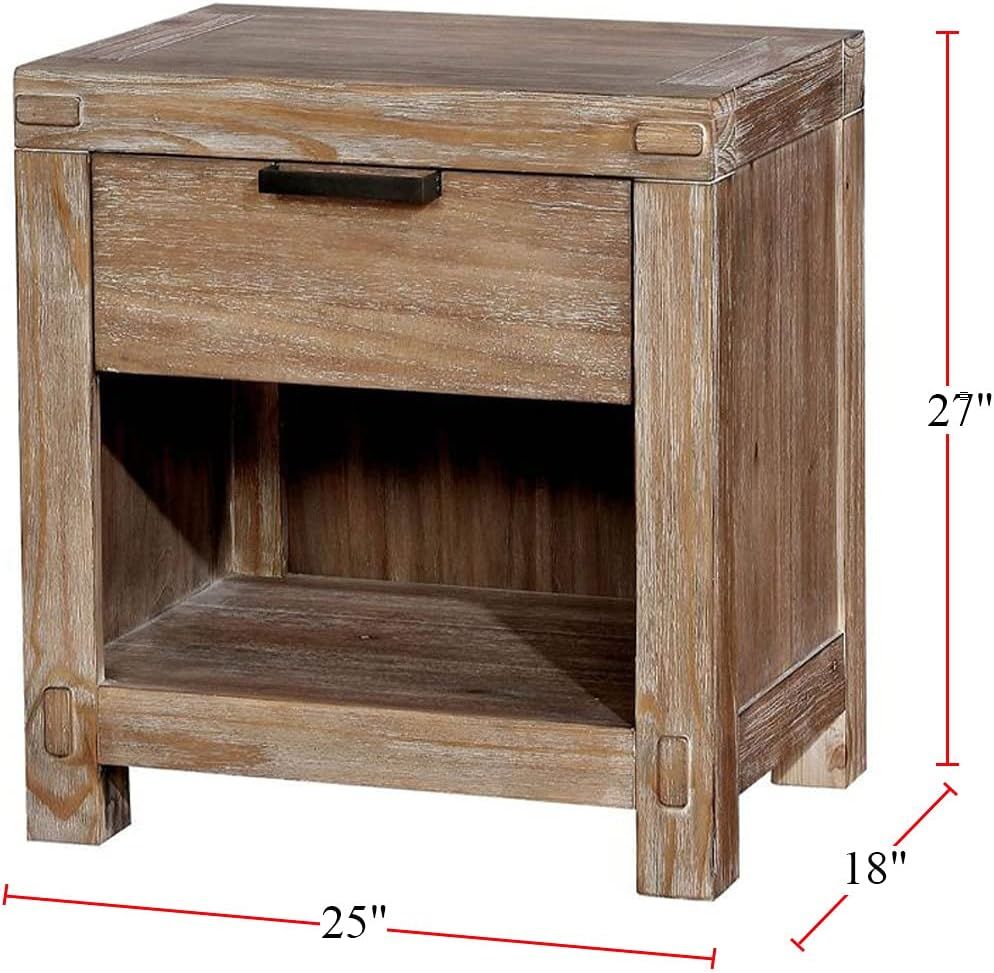 Rustic Weathered Light Oak 1pc Nightstand Black Bar Pull Bedroom Furniture Bedside Table 1-Drawer