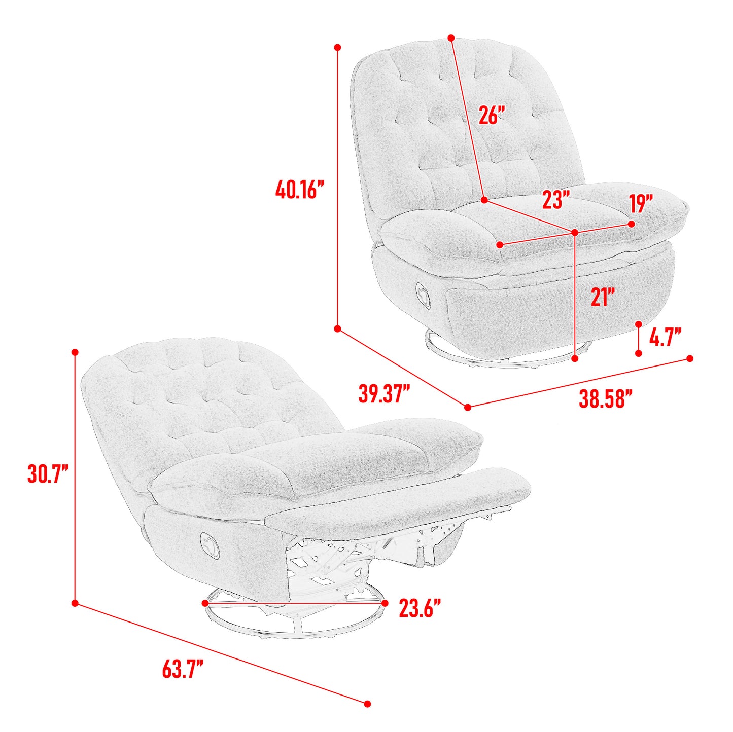 360° Swivel Recliner Adjustable Chair Chenille Glider Swivel Reclining Sofa Chair with Black Metal Round Base - Gray