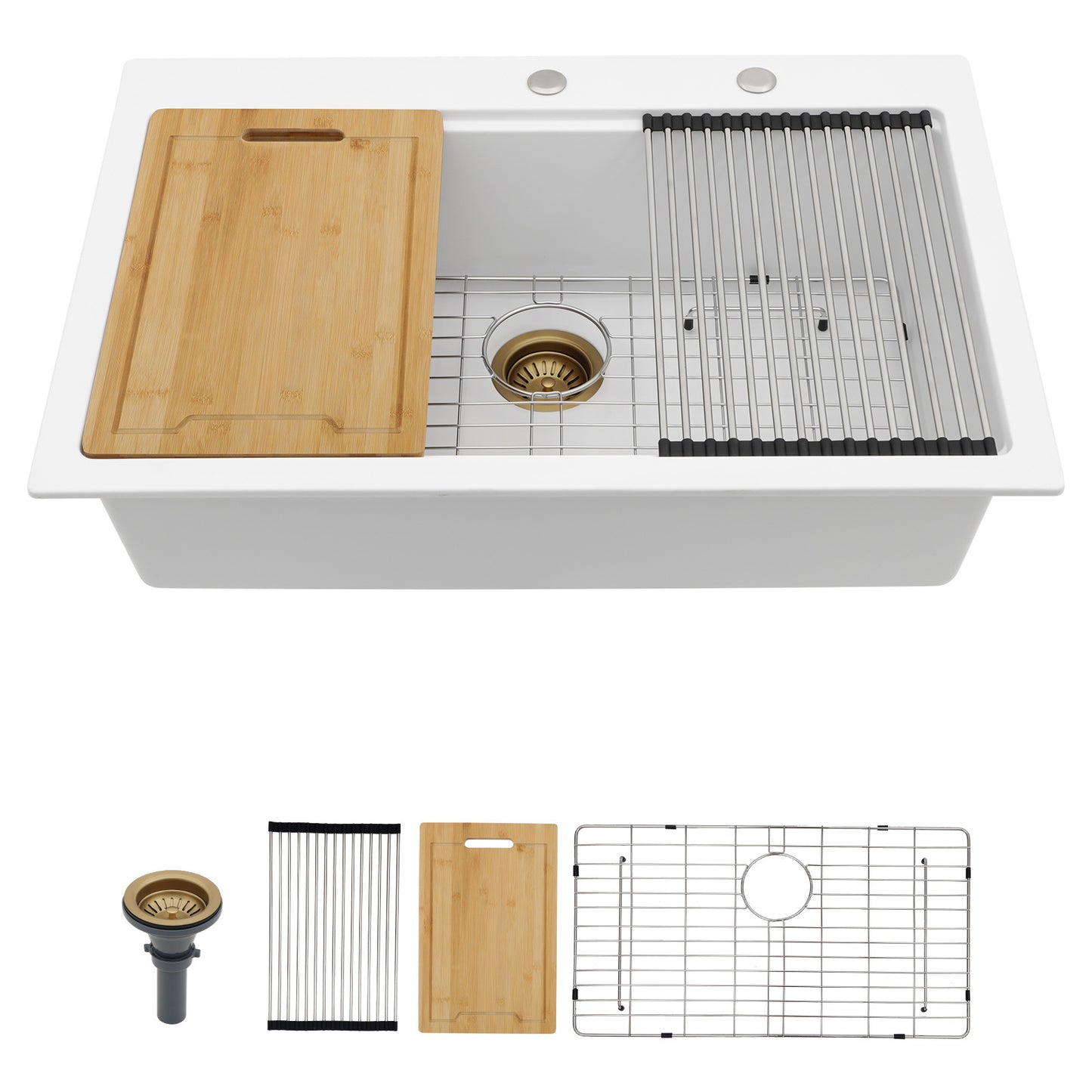 Drop In Quartz Workstation Kitchen Sink Top mount Single Bowl Granite Composite Sink with Roll-up Drying Rack, Cutting Board, Bottom Grid and Strainer, Color in White or Black(33in.*22in.*9.65in.)