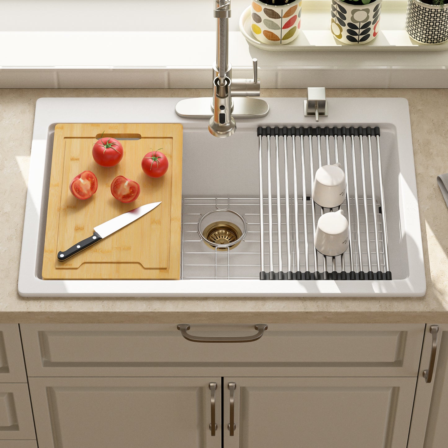 Drop In Quartz Workstation Kitchen Sink Top mount Single Bowl Granite Composite Sink with Roll-up Drying Rack, Cutting Board, Bottom Grid and Strainer, Color in White or Black(33in.*22in.*9.65in.)