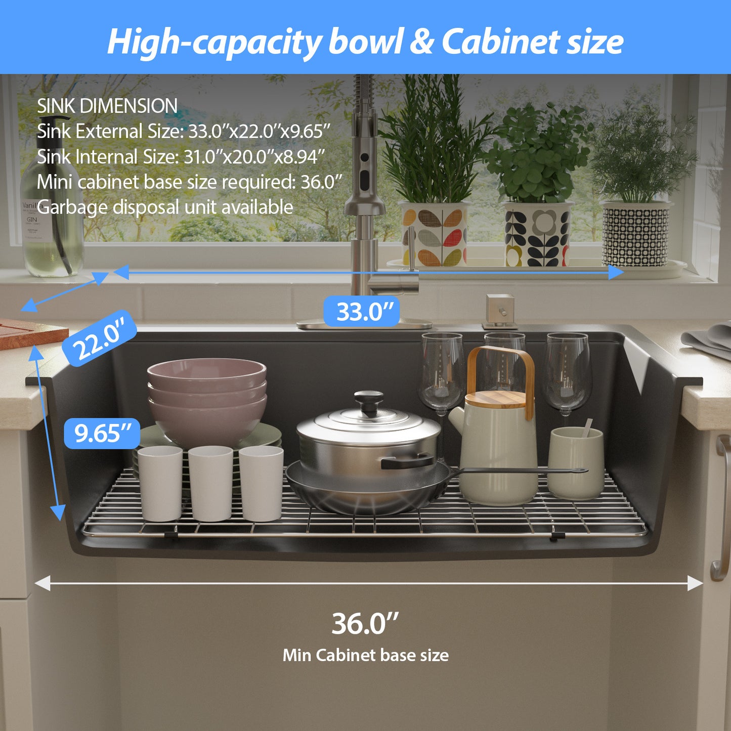 Drop In Quartz Workstation Kitchen Sink Top mount Single Bowl Granite Composite Sink with Roll-up Drying Rack, Cutting Board, Bottom Grid and Strainer, Color in White or Black(33in.*22in.*9.65in.)