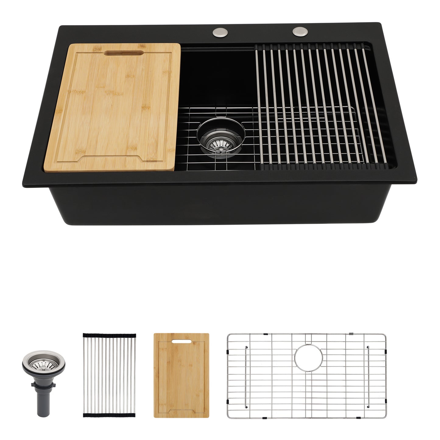 Drop In Quartz Workstation Kitchen Sink Top mount Single Bowl Granite Composite Sink with Roll-up Drying Rack, Cutting Board, Bottom Grid and Strainer, Color in White or Black(33in.*22in.*9.65in.)