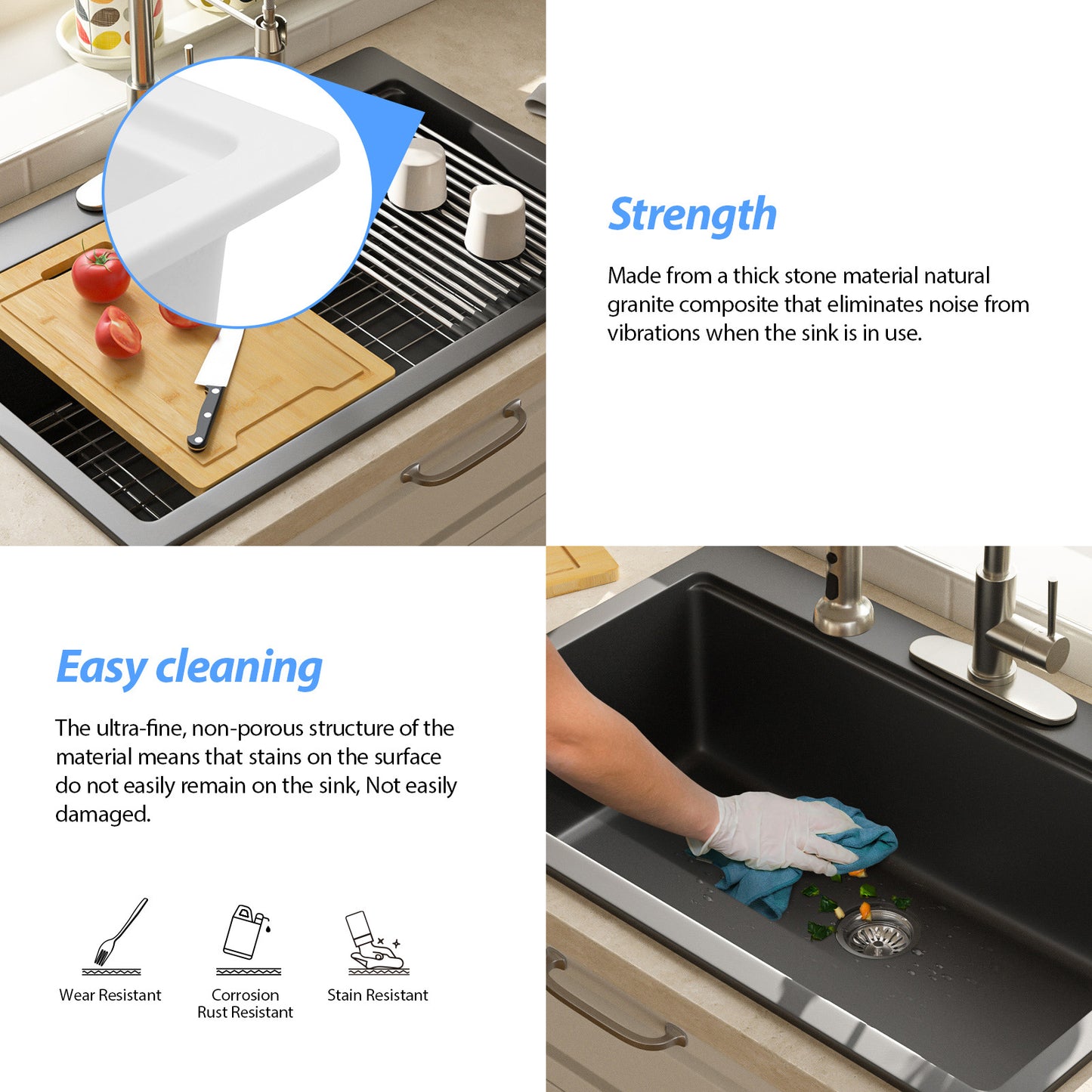 Drop In Quartz Workstation Kitchen Sink Top mount Single Bowl Granite Composite Sink with Roll-up Drying Rack, Cutting Board, Bottom Grid and Strainer, Color in White or Black(33in.*22in.*9.65in.)