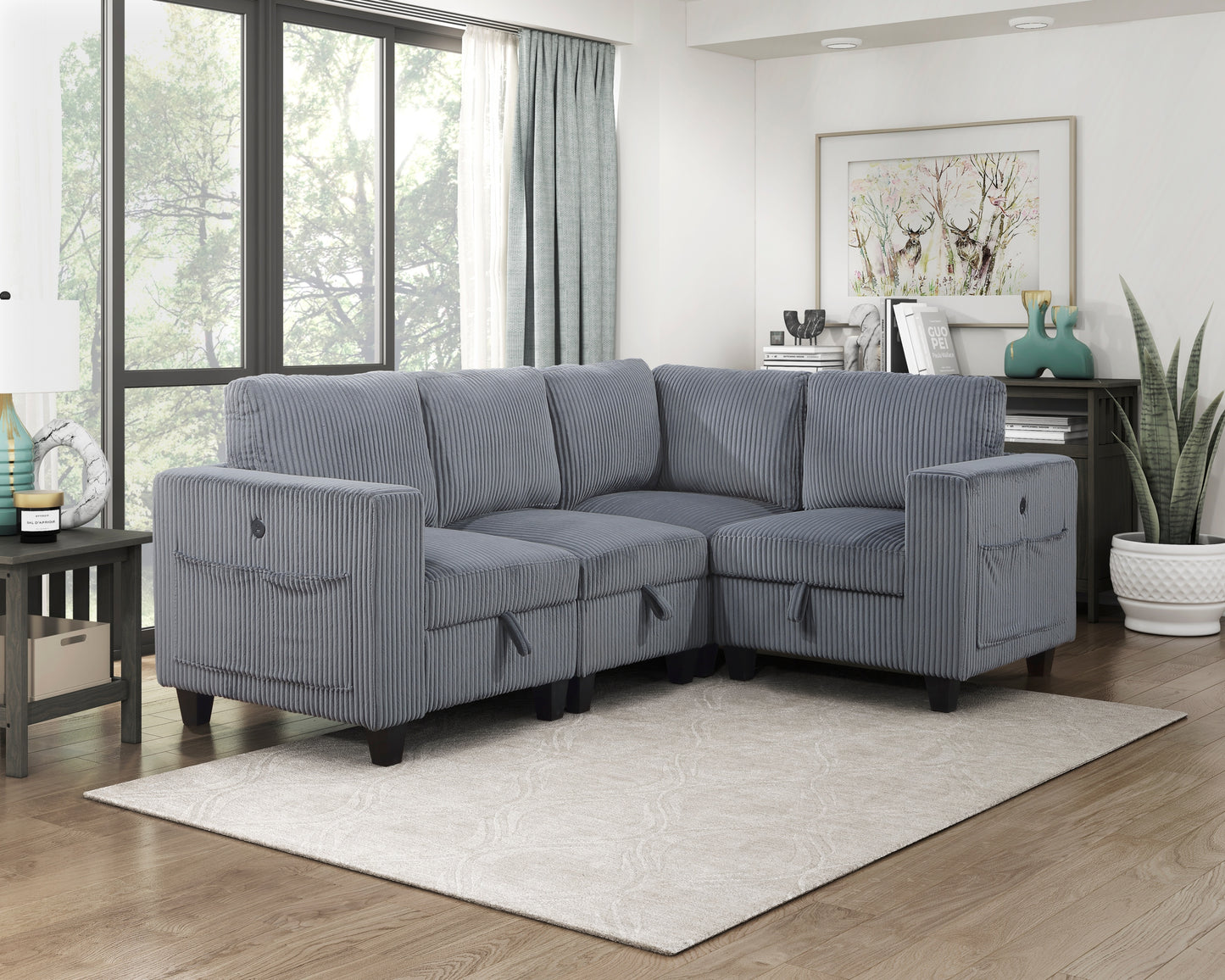 Modern Living Room Furniture Dark Gray Armless Chair with Storage Corduroy Fabric Upholstery 1pc Modular Armless Chair