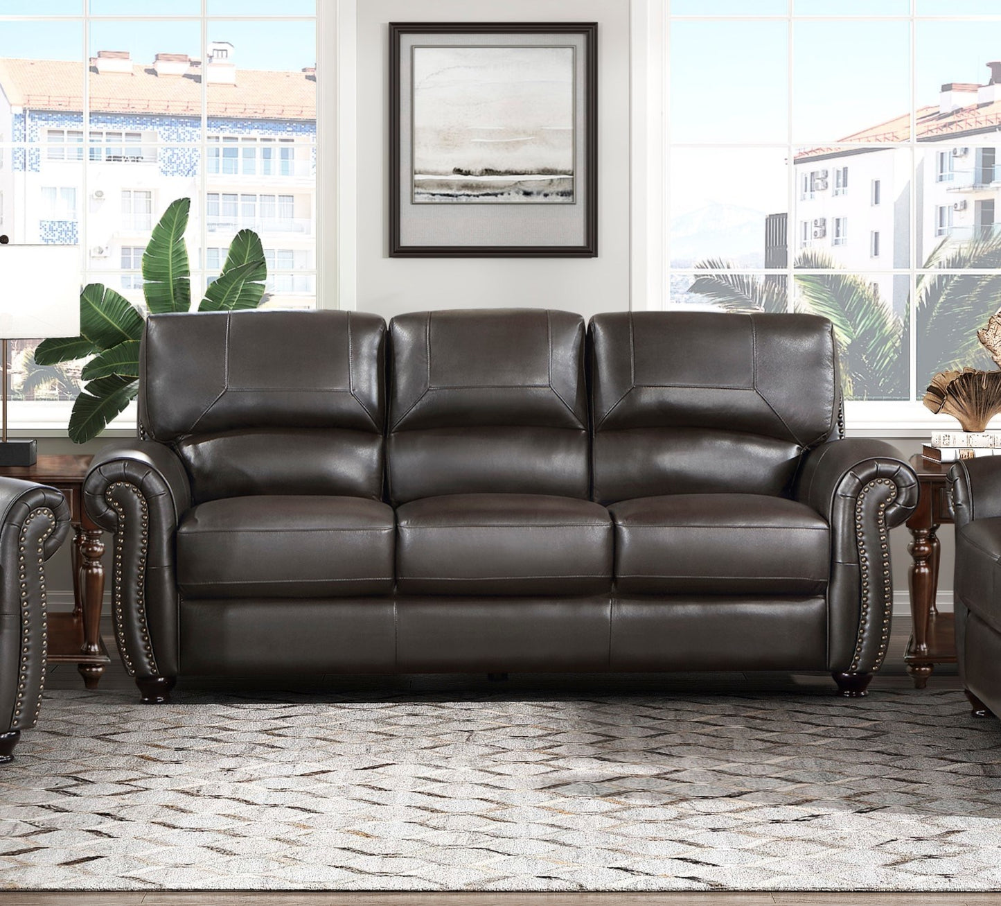 1pc Dark Brown Leather Sofa Rolled Arms Nailhead Trim Comfortable Plush Seating Seatback Traditional Living Room Furniture