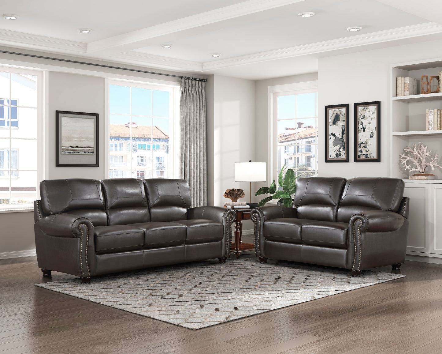 Traditional Living Room Furniture 2pc Sofa Set Dark Brown Leather Sofa Loveseat Comfortable Plush Seating Rolled Arms Nailhead Trim Classic Design