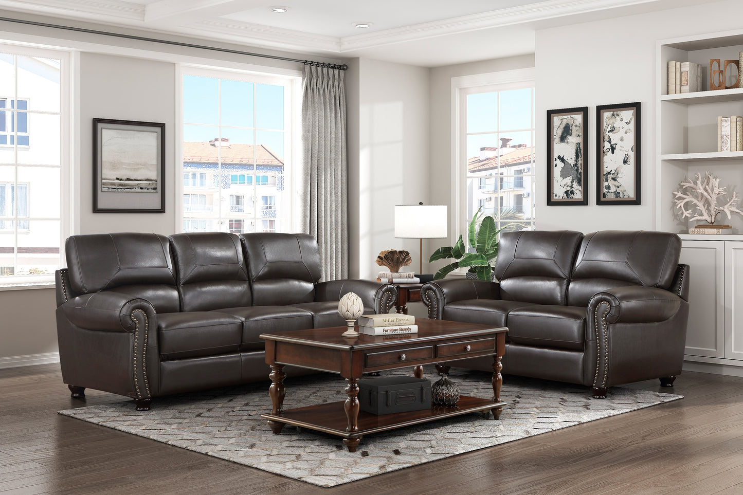 Traditional Living Room Furniture 2pc Sofa Set Dark Brown Leather Sofa Loveseat Comfortable Plush Seating Rolled Arms Nailhead Trim Classic Design