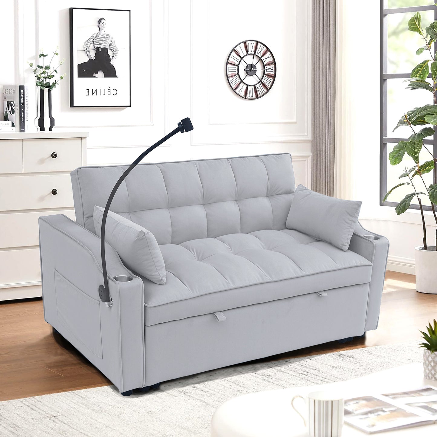 Modern Velvet Loveseat Futon Sofa Couch w/Pullout Bed,Small Love Seat Lounge Sofa with adjustable Reclining Backrest,Toss Pillows, Pockets,Furniture for Living Room,3 in 1 Convertible Sleeper Sofa Bed