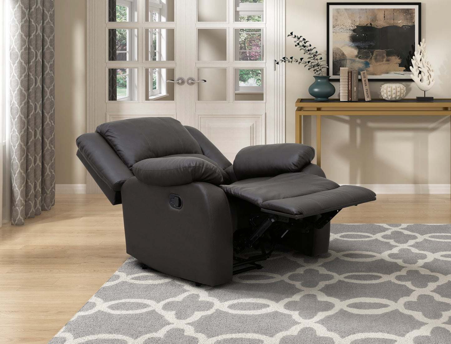 Modern Reclining Chair Dark Brown Faux Leather Upholstery Pillowtop Arms Solid Wood Frame 1pc Living Room Furniture