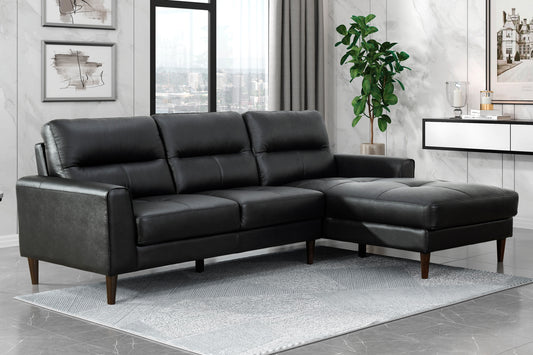 Modern Living Room 2-Piece Sectional Sofa Chaise Black Top Grain Leather Upholstered Solid Wood Furniture