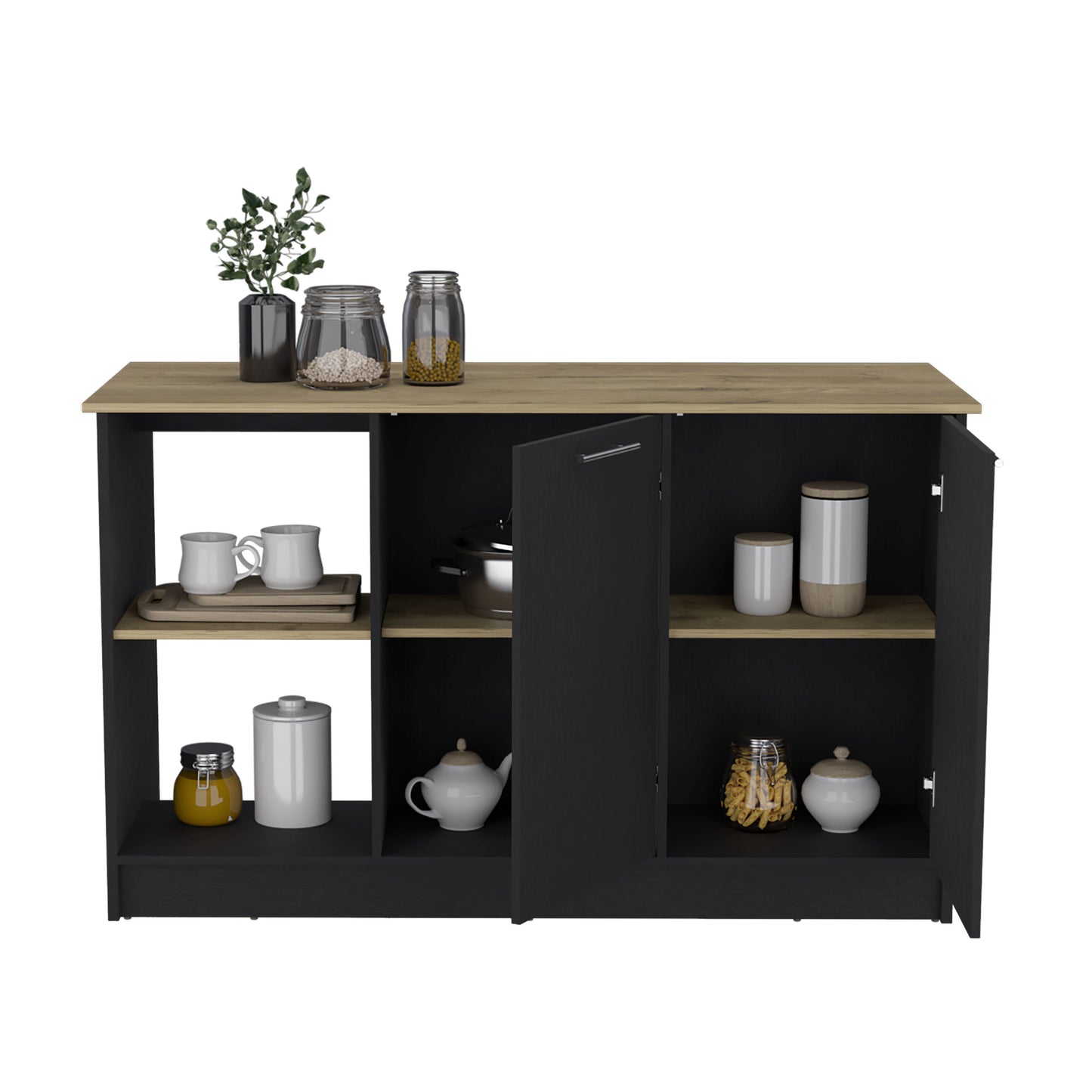 Juniper Kitchen Island with Large Top Surface, Double Door Cabinet, and Open Shelves